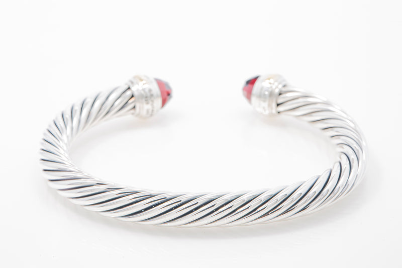 David Yurman 7mm Cable Bangle Bracelet Cuff Red Garnet Sterling Silver 14k 585 6"