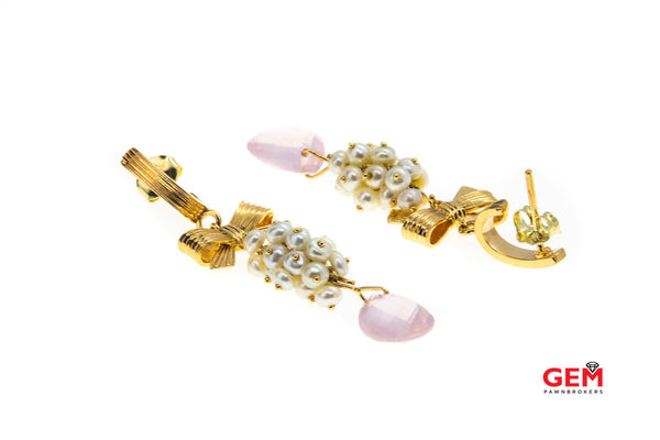 Antique Rose Quartz Seed Pearl 14K 585 Yellow Gold Ribbon Bow Tie Earrings