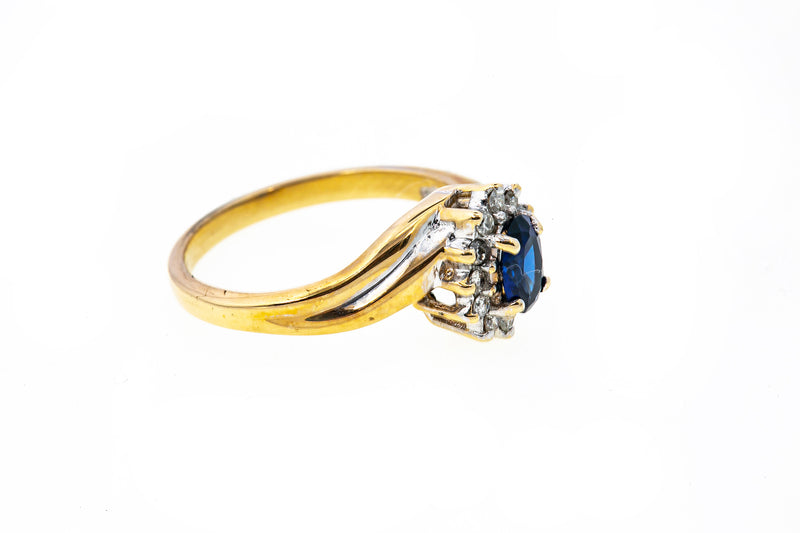 Sapphire & Diamond Halo Sunburst Band 14K 585 Yellow & White Gold Ring Size 6