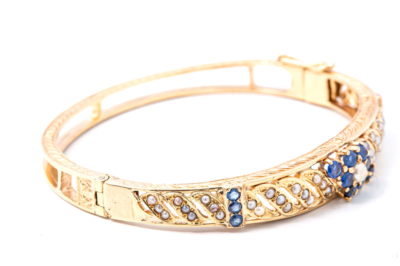 Antique Sapphire & Seed Pearl Hindged Bangle 14k 585 Yellow Gold