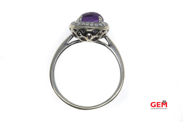 JLJ Hakimi Natural Amethyst & Diamond Halo 14K 585 White Gold Ring Size 9