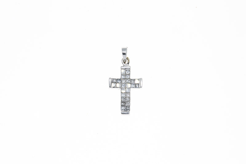 ODI Invisible Set Princess Diamond Pave Cross Charm 14K 585 White Gold Pendant