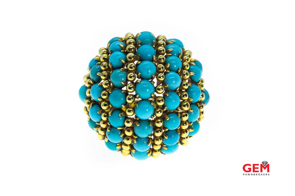 Large Domed Turquoise Beaded Accent Solid 18K 750 Yellow Gold Ring Size 7 3/4