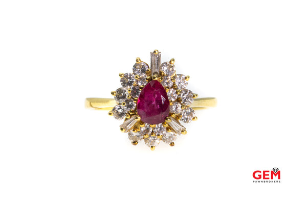 Ruby & Diamond Cluster 18K 750 Yellow Gold Ruby Diamond Ring Size 8