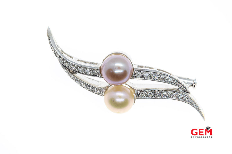 Alopa 18KT Solid White Gold Pin Brooch Diamond Pearl