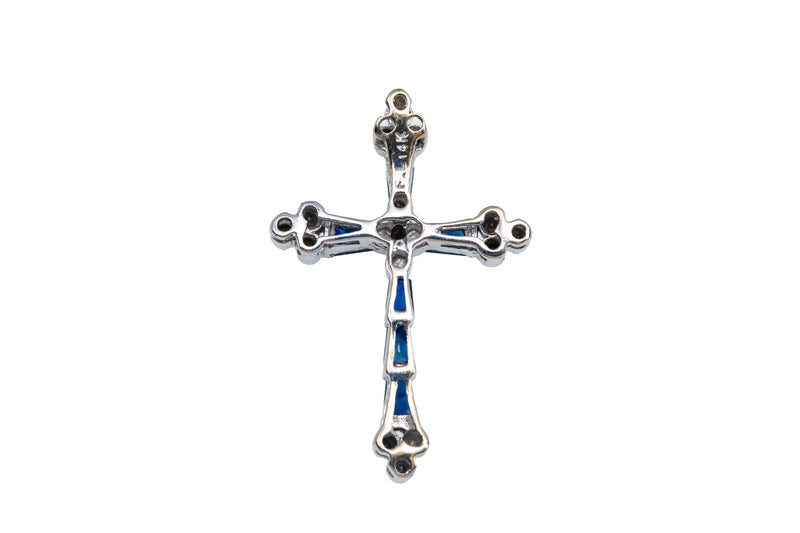 Diamond & Sapphire Religious Cross Charm 14K 585 White Gold Slide Pendant