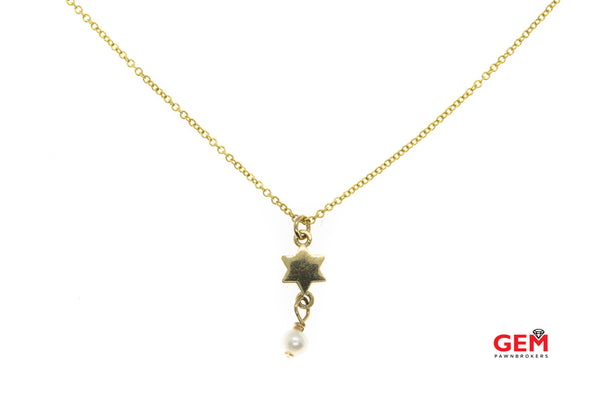 GLC Star Of David & Pearl Drop Pendant 14K 585 Yellow Gold 16" Necklace