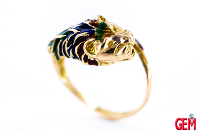 Enamel Panther Cougar Tiger 14Kt 585 Solid Yellow Gold Size 10 Ring