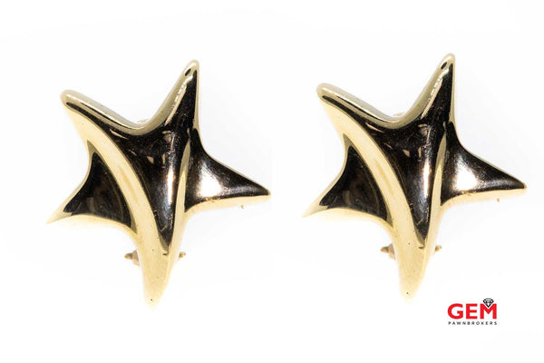 Shooting Five 5 Point Star 27mm Textured Studs 14K 585 Yellow Gold Earrings