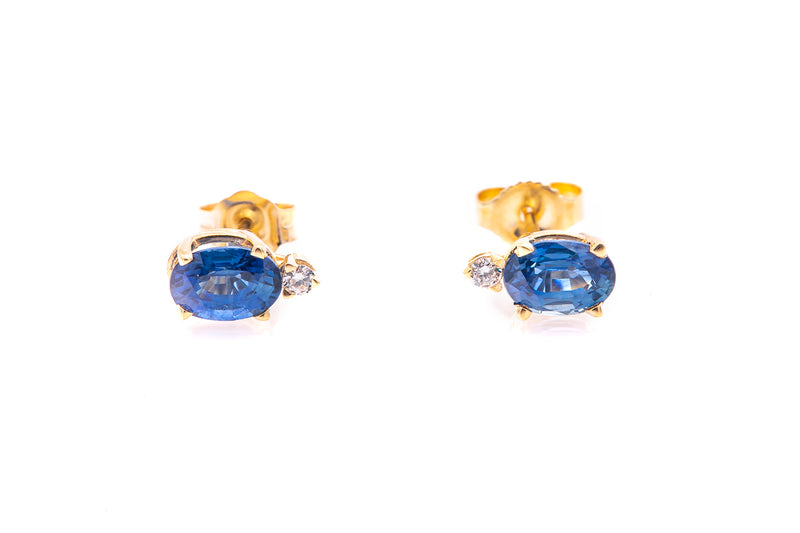 Natural Oval Blue Sapphire Diamond Accent Stud Earrings 14k 585 Yellow Gold