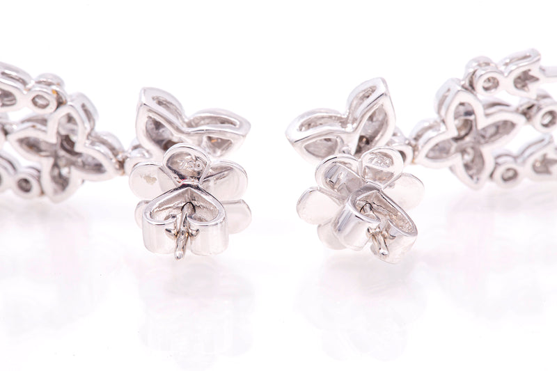 Aquamarine & Diamond Fleur De Lis Floral Motif Pattern 18k 750 White Gold Drop Earrings