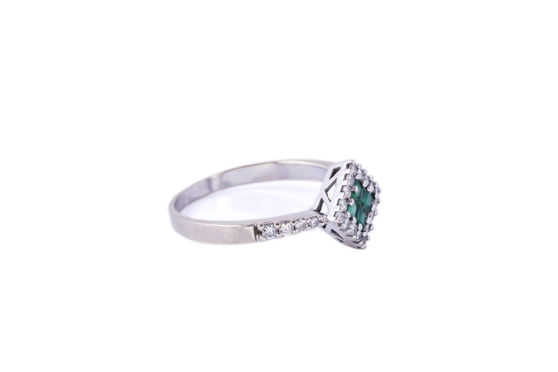 Natural Emerald & Diamond Cluster Band 14K 585 White Gold Ring Size 8 3/4
