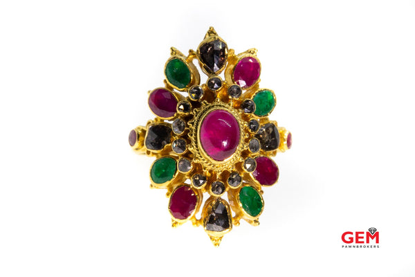 Natural Ruby Emerald & Steel Grey Diamond Cluster Halo Burst 23K 950 Yellow Gold Finger Ring Size 8.25