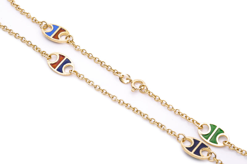 Vintage Italian 1960s Fabor 18k 750 Yellow Gold Enamel Chain Necklace 27"