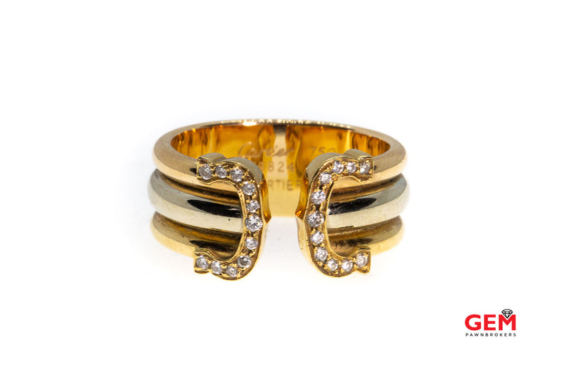 Cartier Double C Diamond Tri-Color 18k 750 Gold Ring Band EU 54 Size 6.75