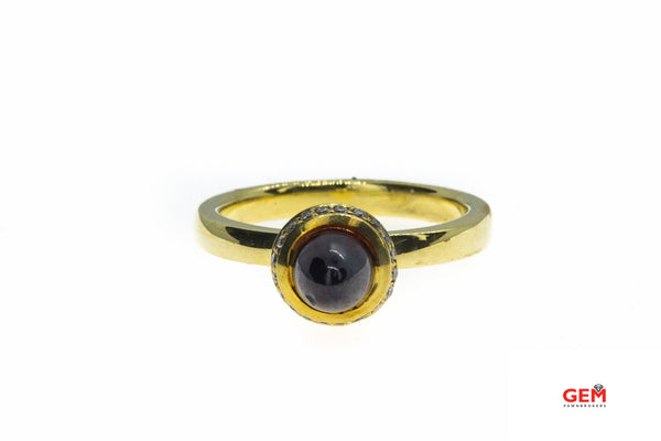 CP Cabochon Almandine Garnet & Diamond Halo 18K 750 Yellow Gold Ring Size 6