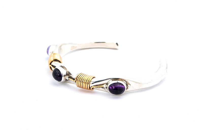 Russell Sam Natural Amethyst Station 925 Sterling Silver & Gold Filled Cuff Bracelet