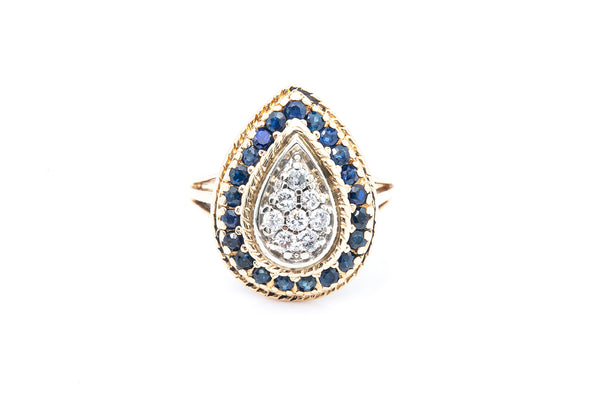 Vintage Cocktail Cluster Diamond & Sapphire 14k 585 Yellow Gold Ring