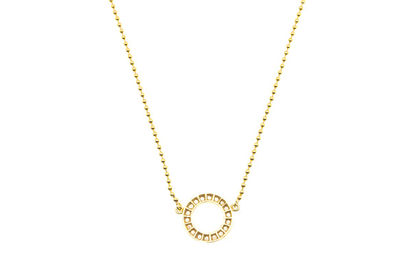 Diamond Halo Pave Circle 13mm Pendant 18K 750 Yellow Gold 15.5" Beaded Necklace