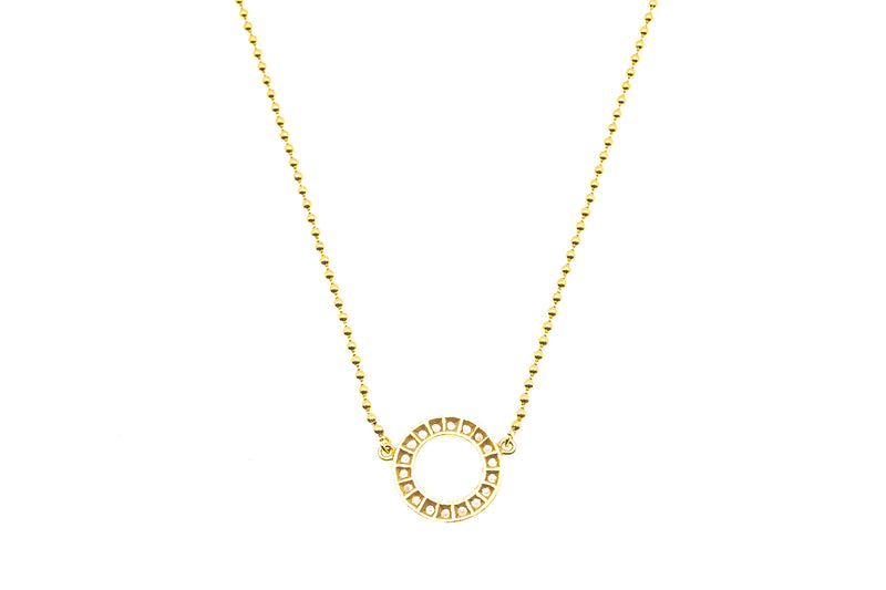 Diamond Halo Pave Circle 13mm Pendant 18K 750 Yellow Gold 15.5" Beaded Necklace