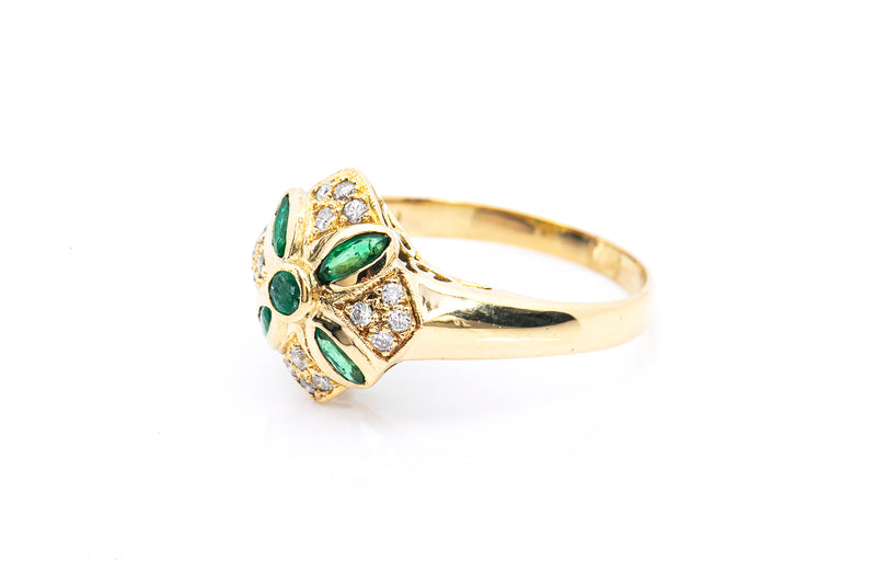 Marquise Emerald & Diamond Cocktail Cluster 18k 750 Yellow Gold Ring