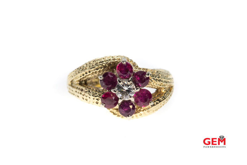 Vintage Diamond Ruby Floral Design 14k 585 Yellow Gold Ring Size 6