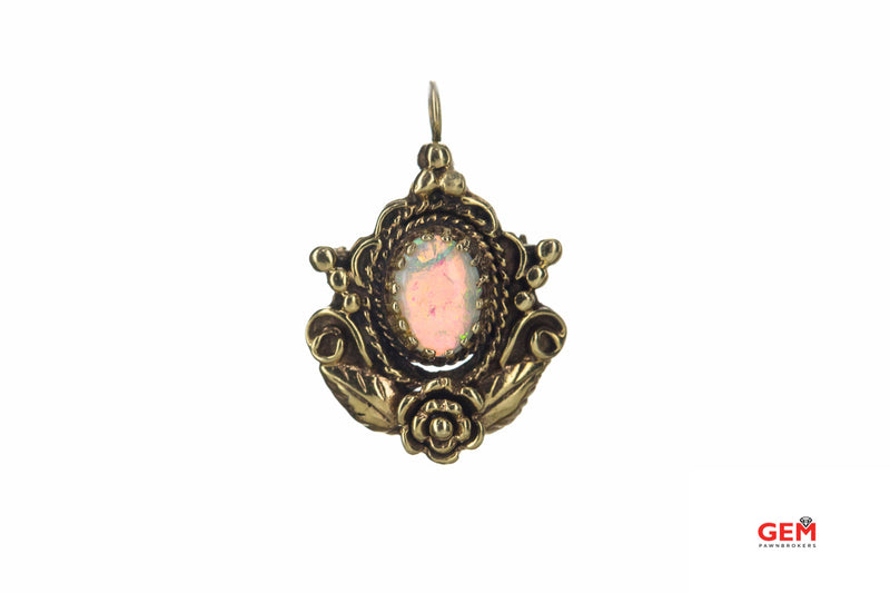 Antique Gemstone Opal Floral Accent Lapel Pin Charm 14K 585 Yellow Gold Pendant