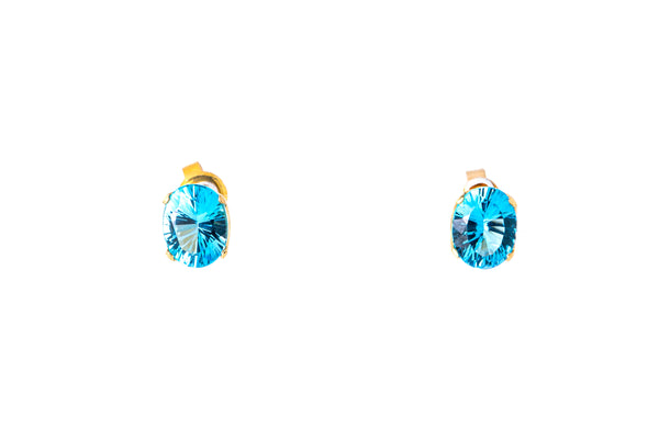 Natural Oval Blue Topaz Studs 14K 585 Yellow Gold Pair of Gemstone Earrings