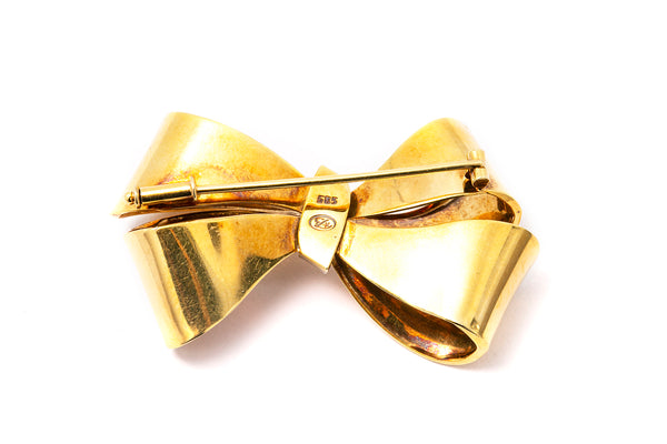 Vintage Art Deo Bi-Color Bow Ribbon Lapel Pin Brooch 14k 585 White Yellow Gold