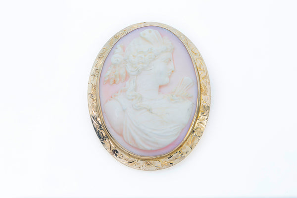 Antique Pink Shell Cameo Large Brooch 14k 585 Yellow Gold Greek Goddess Carving