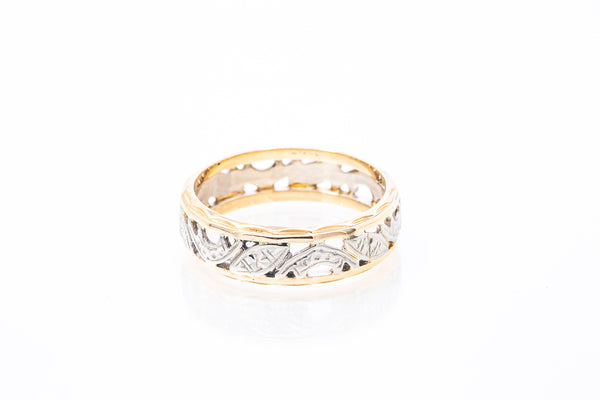 Vintage Pierced Leaf Motif White Rose 14k 585 Gold Eternity Wedding Band Ring Size 7