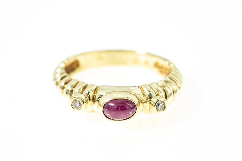 Scalloped Stackable Ruby & Diamond Accent 14k 585 Yellow Gold Band Ring