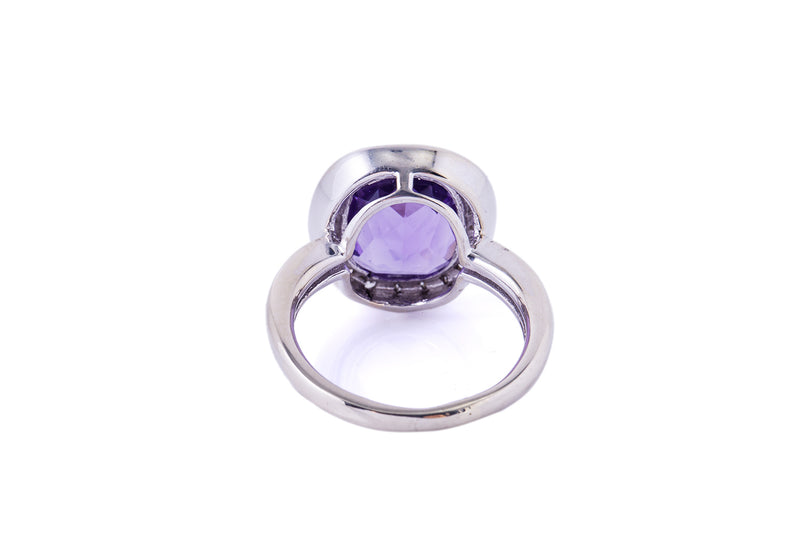 Cushion Amethyst and Diamond Halo Ring Cocktail 14K 585 White Gold