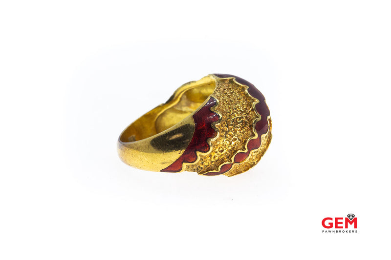 Italy Domed Red Enamel Wave Band 18K 750 Yellow Gold Ring Size 4 1/2