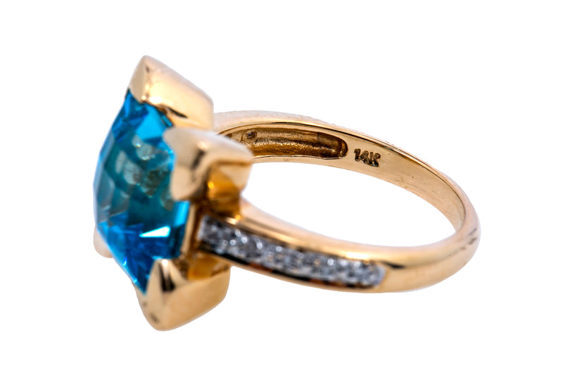 John C Rinker Natural Blue Topaz & Diamond 14K 585 Yellow Gold Ring Size 7