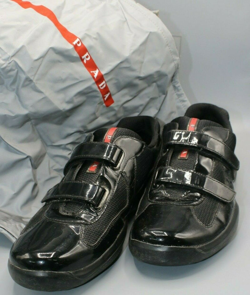 Prada Vernice Bike Black Patent and Mesh Velcro Sneaker Size 10