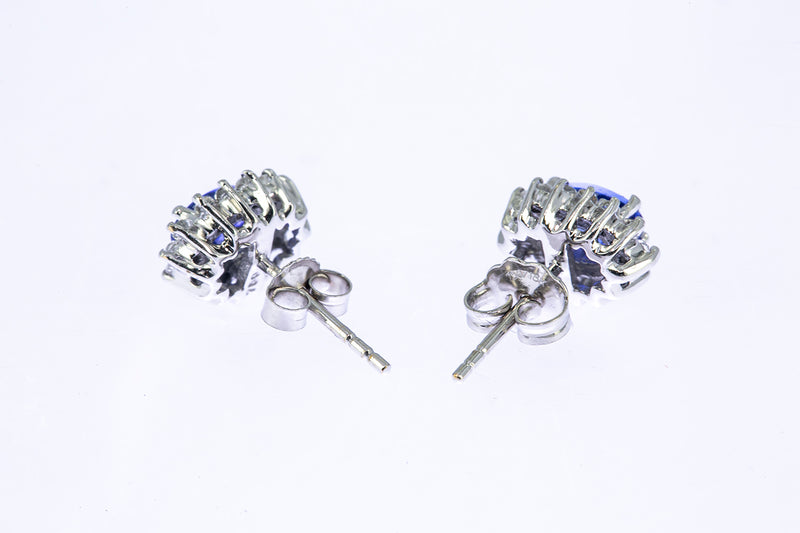 BJB Natural Iolite & Cubic Zirconia Halo Accent Studs 18K 750 White Gold Pair Earrings