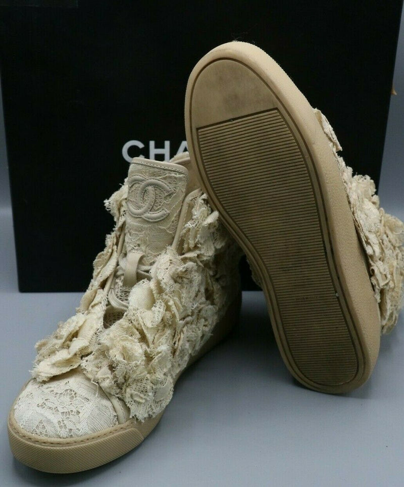 Chanel Camellia Flower Mesh Lace Beige Clair Hi Top Sneakers Size 38.5/8