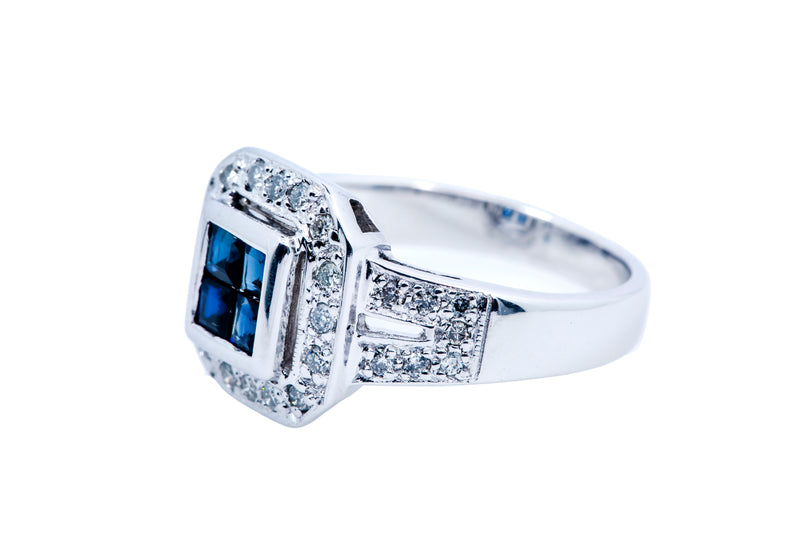 Setra Art Deco Natural Sapphire & Diamond Halo 14K 585 White Gold Ring Sz 6 1/2