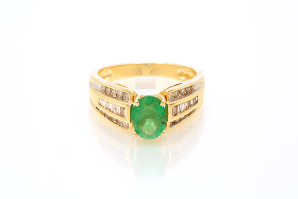 Oval Emerald Gemstone & Diamond Accent Cocktail Ring 14k 585 Yellow Gold Size 7