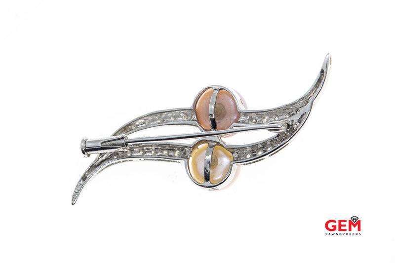 Alopa 18KT Solid White Gold Pin Brooch Diamond Pearl