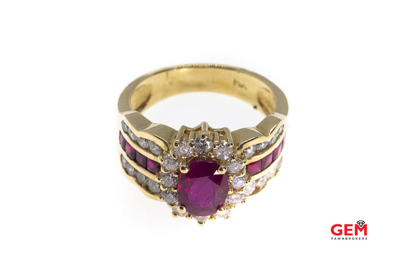 Natural Oval Ruby & Diamond Halo Accent Band Solid 14K 585 Yellow Gold Ring Size 7 1/4