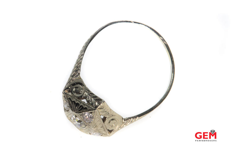 Antique Filigree 5 Diamond Star Wreath & Milgrain Accent 18K 750 White Gold Ring Size 9