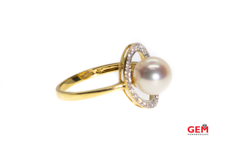 Natural 8mm Pearl Diamond Halo Oval Milgrain Accent Thin Band 18K 750 Yellow Gold Ring Size 6 3/4