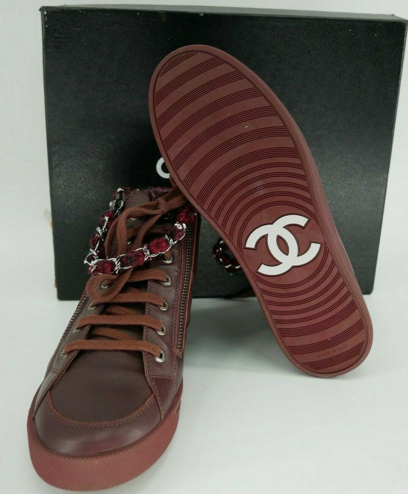 Chanel Burgundy Leather CC Logo High Top Sneaker Chain Zip Tweed SZ 37/7