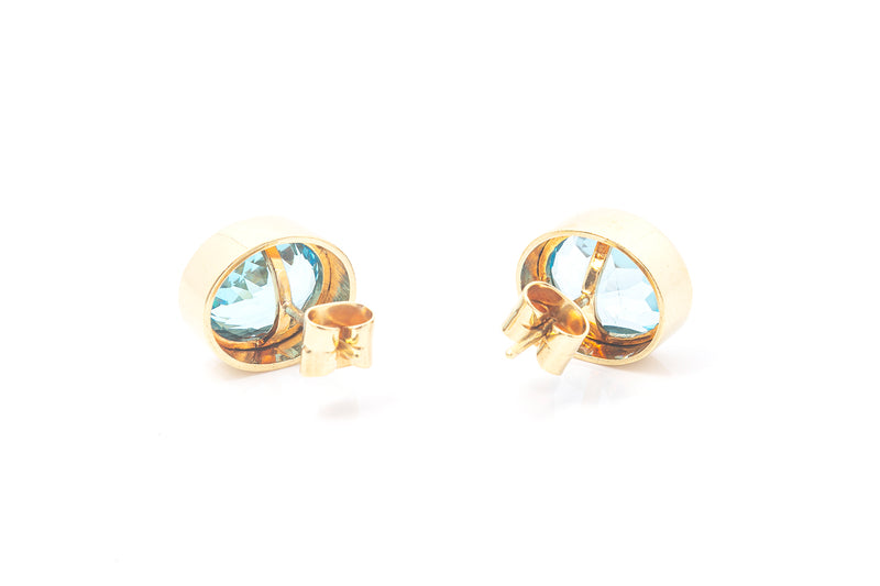 Oval Aquamarine Gemstone 18k 750 Yellow Gold Stud Bezel Earrings
