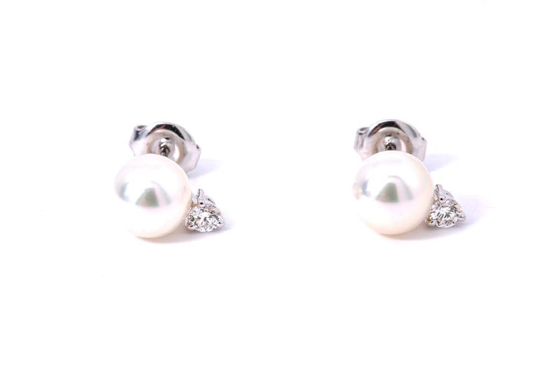 Mikimoto 8mm Akoya Pearl & Diamond Stud 18K 750 White Gold Pair of Earrings