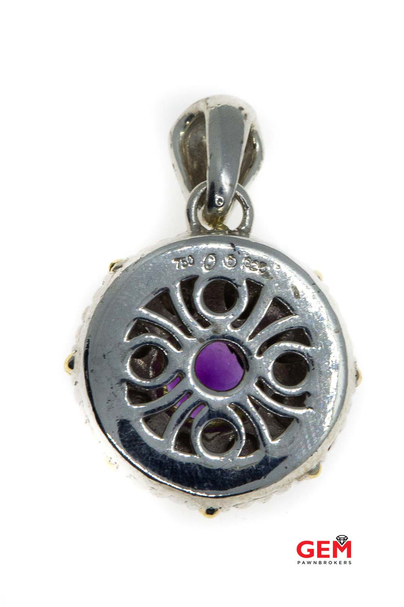 Amethyst Shield Medallion Carved & Beaded Accent Drop Charm 925 Sterling 18K 750 Yellow Gold Pendant