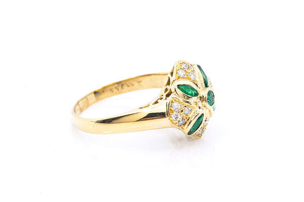 Marquise Emerald & Diamond Cocktail Cluster 18k 750 Yellow Gold Ring