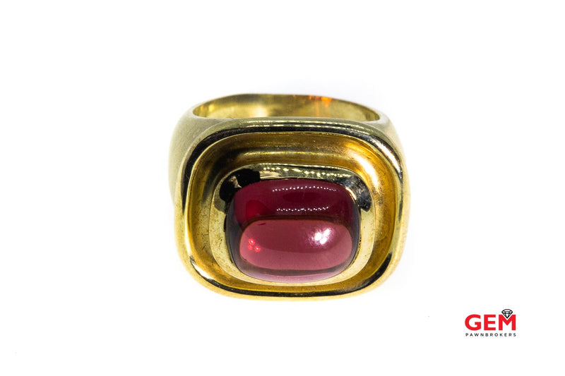 Bezel Set Natural Cabochon Garnet Brush Finished Solitaire Domed Band 14K 585 Yellow Gold Ring Size 5 1/2
